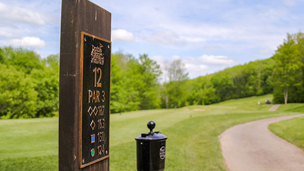A course marker for hole 12, a par 3, on the Double Black Diamond Golf Course. 